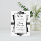 Zwarte Kunst Deco 50th Surprise Party Birthday Uitnodiging Briefkaart (Staand voorkant)