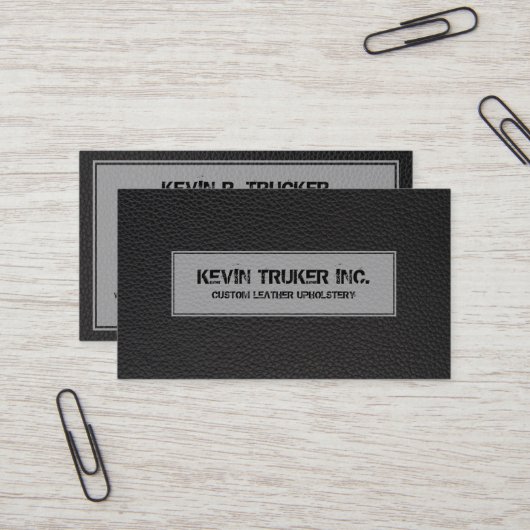 Zwarte kunstledertextuur visitekaartje (Voorkant / Achterkant in situ)