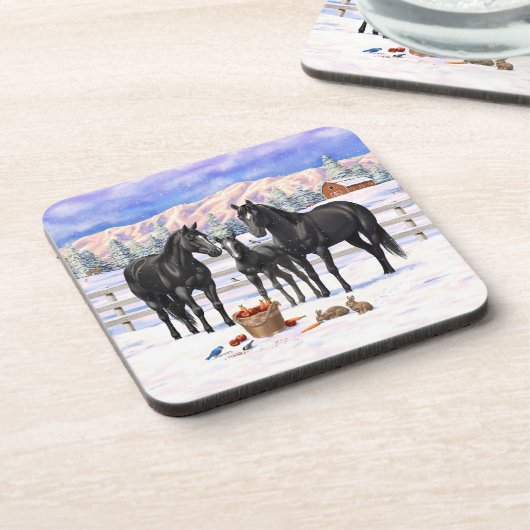 zwarte kwartpaarden in sneeuw bier onderzetter (Linkerzijde)