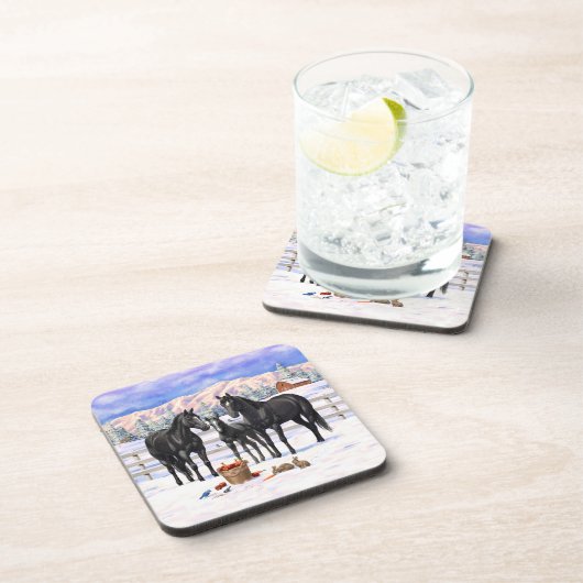 zwarte kwartpaarden in sneeuw bier onderzetter (Rechterzijde)