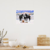 zwarte kwartpaarden in sneeuw poster (Keuken)