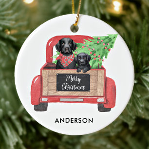 Zwarte Lab Puppy Hond Vintage Rode Kerst Truck Keramisch Ornament