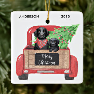Zwarte Lab Puppy Hond Vintage Rode Truck Kerstmis Keramisch Ornament