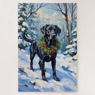 Zwarte Lab Serene Winter Woud Kerst Vakantie Legpuzzel
