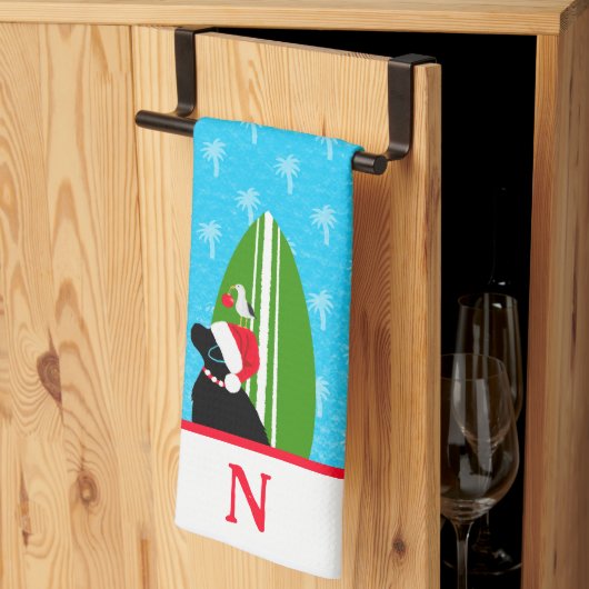 Zwarte Lab Surfboard Hond Zeemeeuw Kerst Handdoek (Derde Gevouwen)