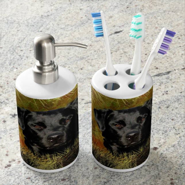 Zwarte Lab Toothborstelhouder/Zeep Dispenser Set Badkamer Set (Voorkant)