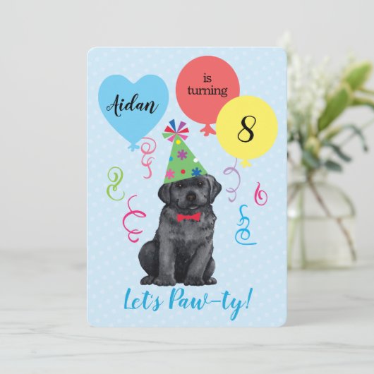 Zwarte Lab van Birthday Party Balloons Kaart (Staand voorkant)