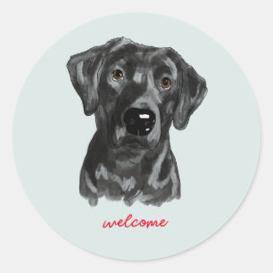 Zwarte lab waterverf ronde sticker