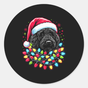 Zwarte Labradoodle Kerstboom Kerstlichtjes Doodl Ronde Sticker