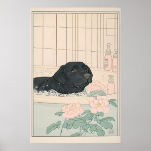 Zwarte Labrador-badkamerprint Japandi Ukiyo-e Poster