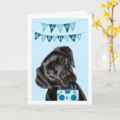 Zwarte labrador Blue Birthday Card Kaart (Gele Bloem)