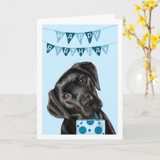 Zwarte labrador Blue Birthday Card Kaart (Gele Bloem)