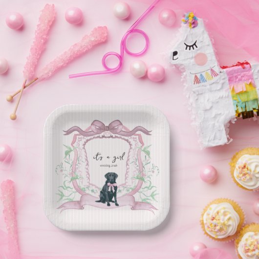 Zwarte Labrador Coquette Roze  Crest Papieren Bordje (Feest)