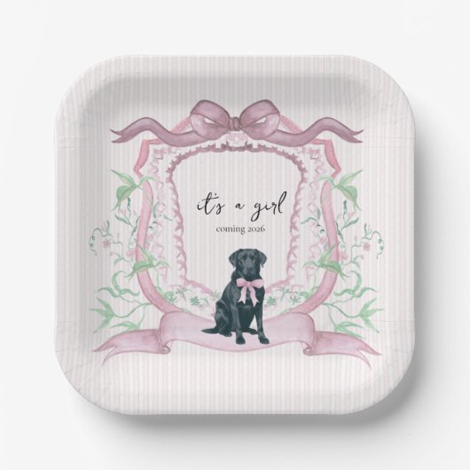 Zwarte Labrador Coquette Roze  Crest Papieren Bordje (Voorkant)