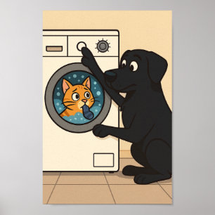 Zwarte Labrador en Kat Wasmachinekamer Humor Poste Poster