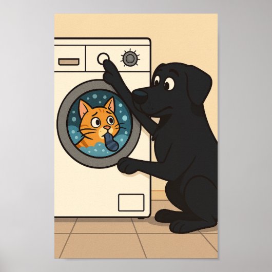 Zwarte Labrador en Kat Wasmachinekamer Humor Poste Poster (Voorkant)