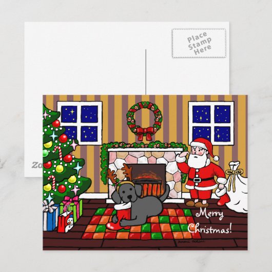 Zwarte labrador en kerstkerstCartoon Feestdagenkaart (Voorkant / Achterkant)