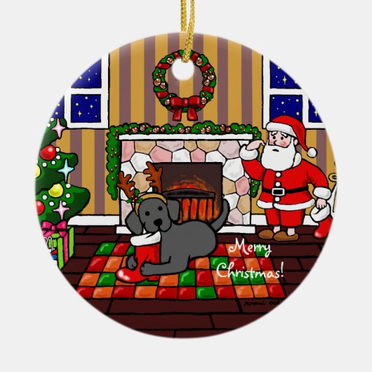 Zwarte labrador en kerstkerstCartoon Keramisch Ornament (Voorkant)