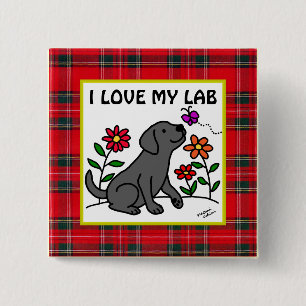 Zwarte labrador & groene tartan vierkante button 5,1 cm