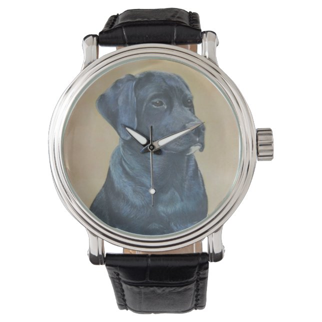 zwarte labrador hond portret realistische kunst horloge (Voorkant)