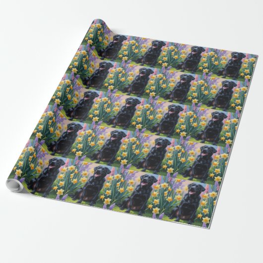 Zwarte Labrador Hond Spring Bloemen Schilderen Cadeaupapier (Uitgerold)