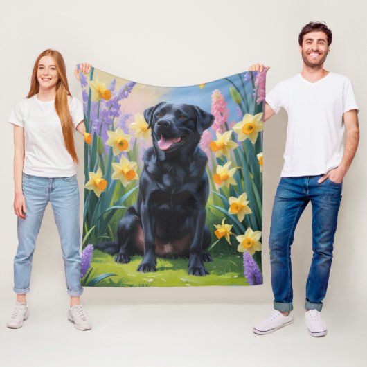 Zwarte Labrador Hond Spring Bloemen Schilderen Fleece Deken (In situ)