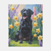 Zwarte Labrador Hond Spring Bloemen Schilderen Fleece Deken (Voorkant)