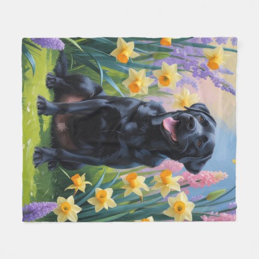 Zwarte Labrador Hond Spring Bloemen Schilderen Fleece Deken (Voorkant (Horizontaal))