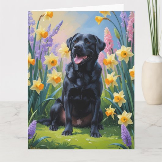 Zwarte Labrador Hond Spring Bloemen Schilderen Kaart (Voorkant)
