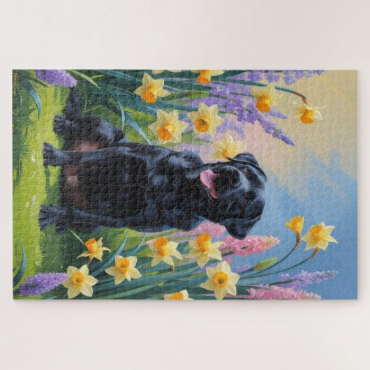 Zwarte Labrador Hond Spring Bloemen Schilderen Legpuzzel (Horizontaal)