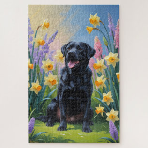 Zwarte Labrador Hond Spring Bloemen Schilderen Legpuzzel