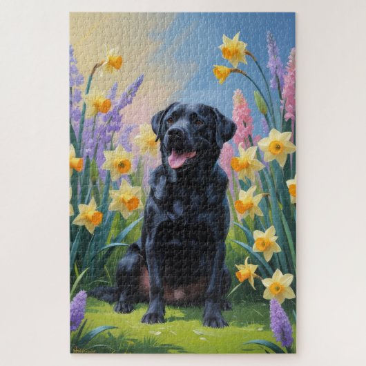 Zwarte Labrador Hond Spring Bloemen Schilderen Legpuzzel (Verticaal)