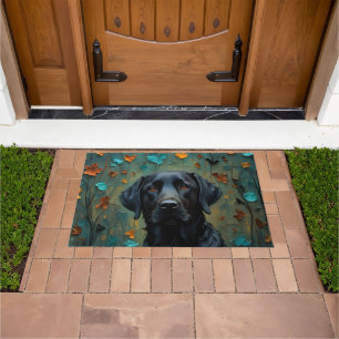 Zwarte labrador in bladeren deurmat