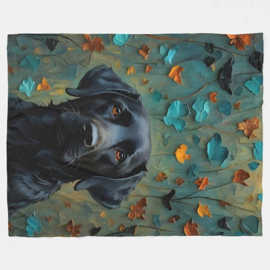 Zwarte labrador in bladeren fleece deken (Voorkant (Horizontaal))