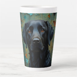 Zwarte labrador in bladeren latte mok