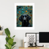 Zwarte labrador in bladeren poster (Thuiskantoor)