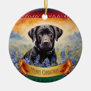 Zwarte Labrador in Bluebonnets Keramisch Ornament