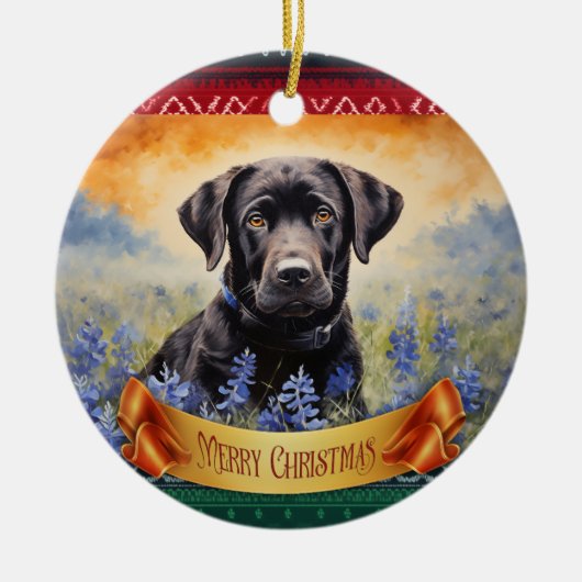 Zwarte Labrador in Bluebonnets Keramisch Ornament (Voorkant)