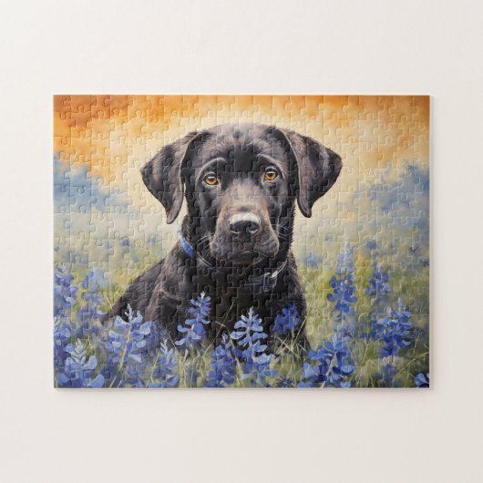 Zwarte Labrador in Bluebonnets Legpuzzel (Horizontaal)