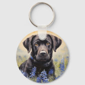 Zwarte Labrador in Bluebonnets Sleutelhanger (Voorkant)