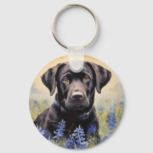 Zwarte Labrador in Bluebonnets Sleutelhanger
