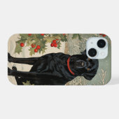 Zwarte labrador in de winter iPhone 15 case (Achterkant horizontaal)