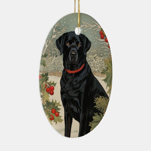 Zwarte labrador in de winter keramisch ornament (Rechts)