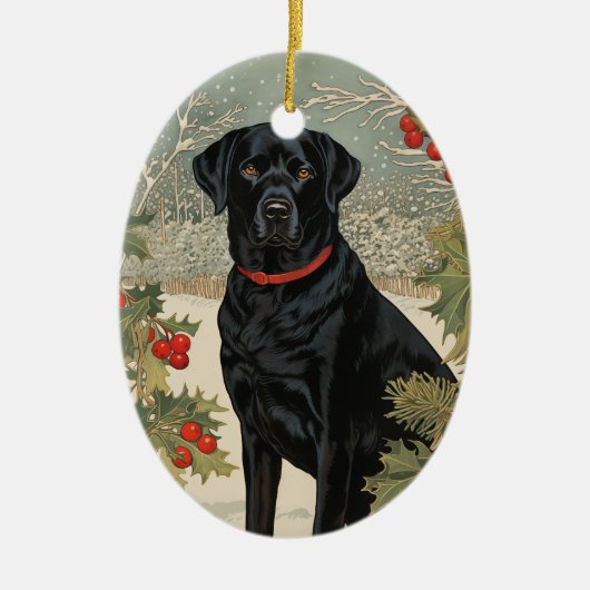 Zwarte labrador in de winter keramisch ornament (Voorkant)