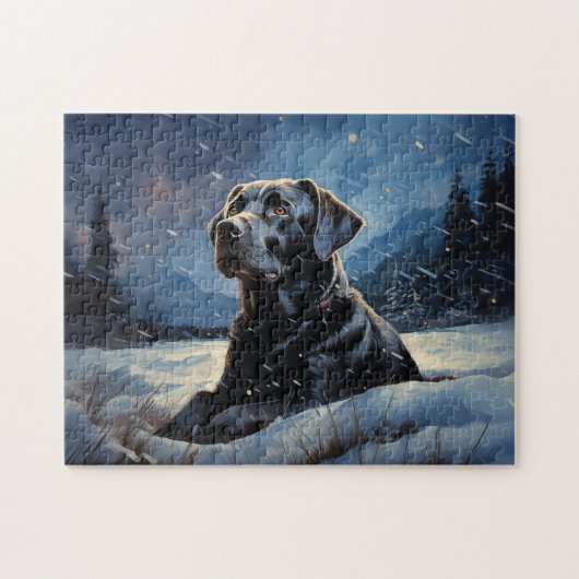Zwarte labrador in de winternacht legpuzzel (Horizontaal)