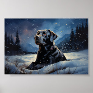 Zwarte labrador in de winternacht poster