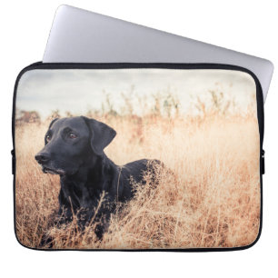 Zwarte labrador in droog gras laptop sleeve