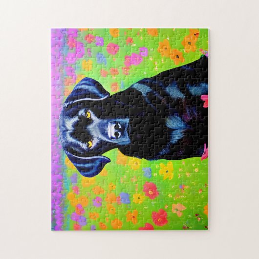 Zwarte labrador in een bloementveld legpuzzel (Verticaal)