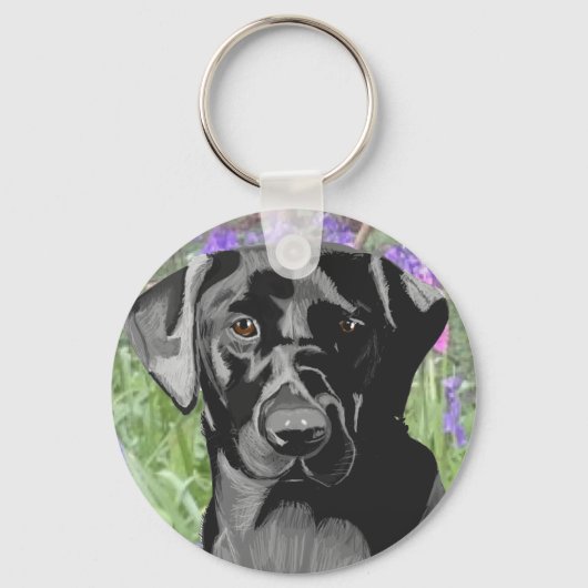 Zwarte Labrador in een bos met blauwe klokjes Sleutelhanger (Voorkant)
