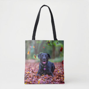 Zwarte labrador in valleien tote bag